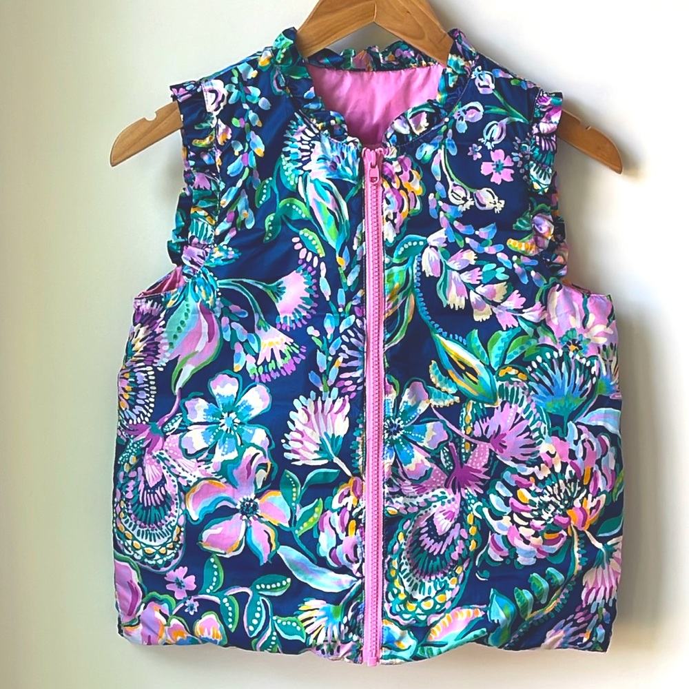 Lilly Pulitzer Down Girls Amani Lilac Rose Reversible Puffer Vest Size XL 12-14